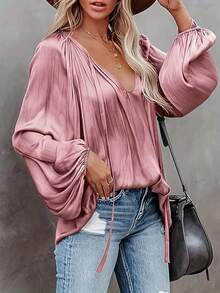 Women Elegant Tie Collar Lantern Sleeve Ruched Blouse