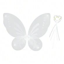 2pcs Kids Girls Butterfly Wings, Shiny Fairy Wings Flower Heart Magic Wand Halloween Birthday Party Favor - 白色 - 查看 8