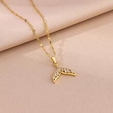 1 件 18K 镀金闪亮锆石嵌入式奢华个性鱼尾吊坠项链，时尚钛钢颈链项链女士珠宝 - 金色 - 查看 3