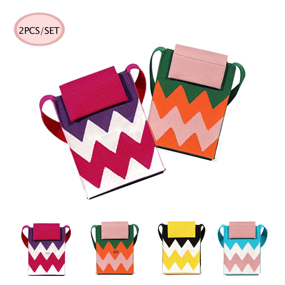 2Pcs/SET Women's Geometric Pattern Hook Needle Woven Mobile Phone Bag, Fashion Multi -Function Cross -Body Bag, Must Be Necessary For Portable Travel, Suitable For Placing Mobile Phones Or Other Small Items. - 紫紅+橘色 - 查看 1
