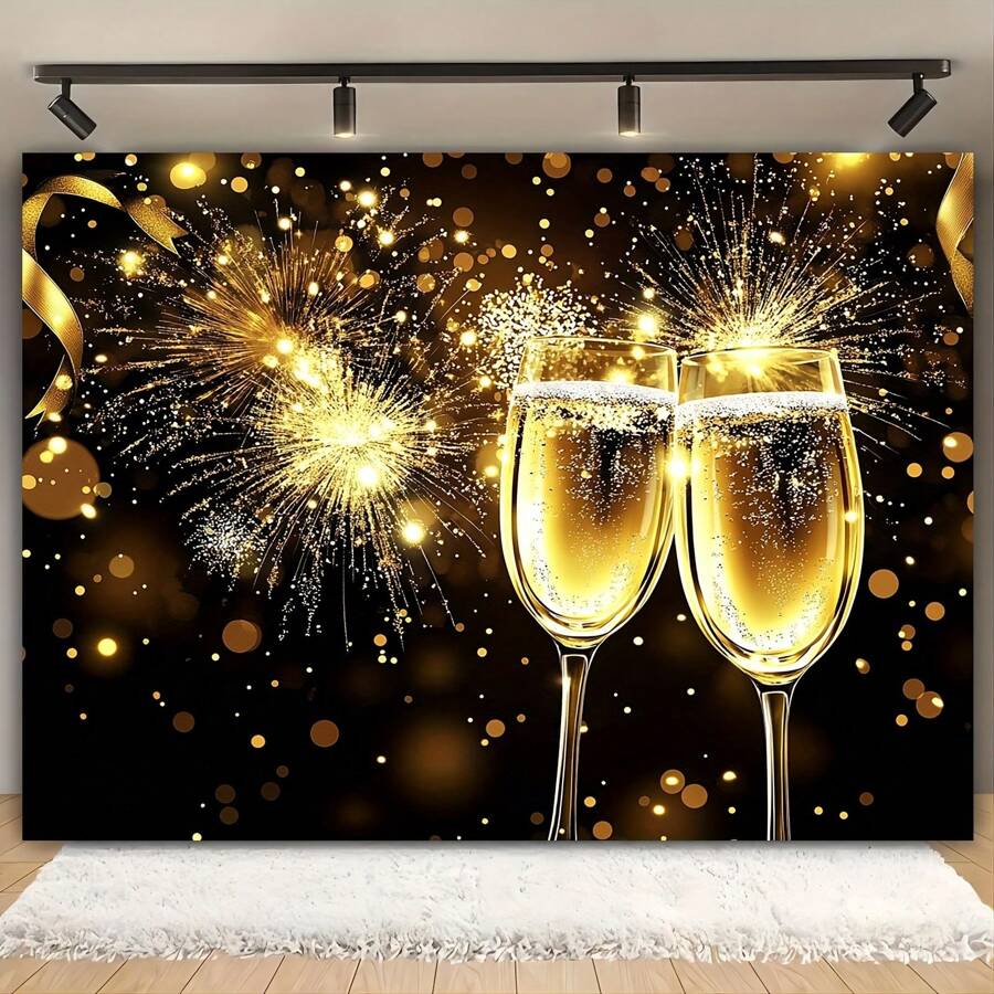 1 cái, Vải nền mừng năm mới vui vẻ - Trang trí tiệc pháo hoa đen vàng đa chức năng, thích hợp cho buồng chụp ảnh, bàn bánh, v.v. - Nhiều màu - Xem 1