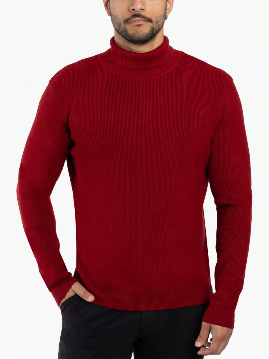 Men's Ribbed Turtle Neck Sweater - 小丑紅 - 查看 1