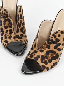 Women's Pointed Toe Leopard Print Patent Leather Mules High Heel Peep Toe Sandals, Sexy & Fashionable Party Wear Leopard Print Brown High Heels