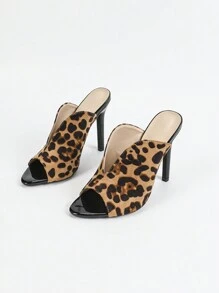 Women's Pointed Toe Leopard Print Patent Leather Mules High Heel Peep Toe Sandals, Sexy & Fashionable Party Wear Leopard Print Brown High Heels