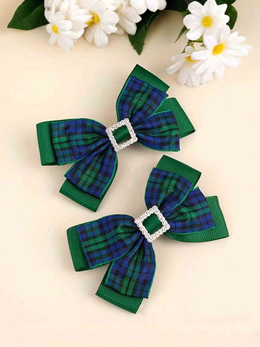 2/8 Pieces Of Elegant Green Plaid Bow Hairpin With Rhinestones, Retro