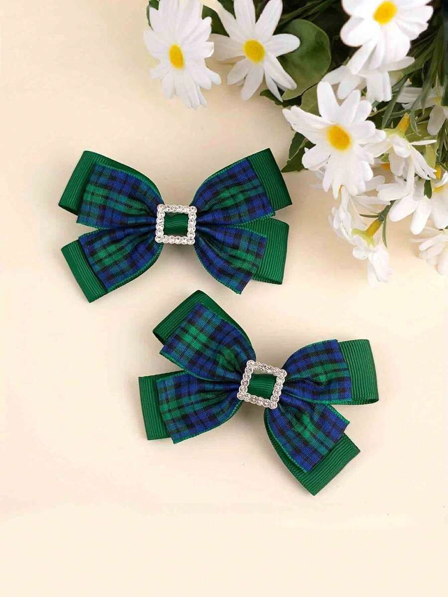 2/8 Pieces Of Elegant Green Plaid Bow Hairpin With Rhinestones, Retro