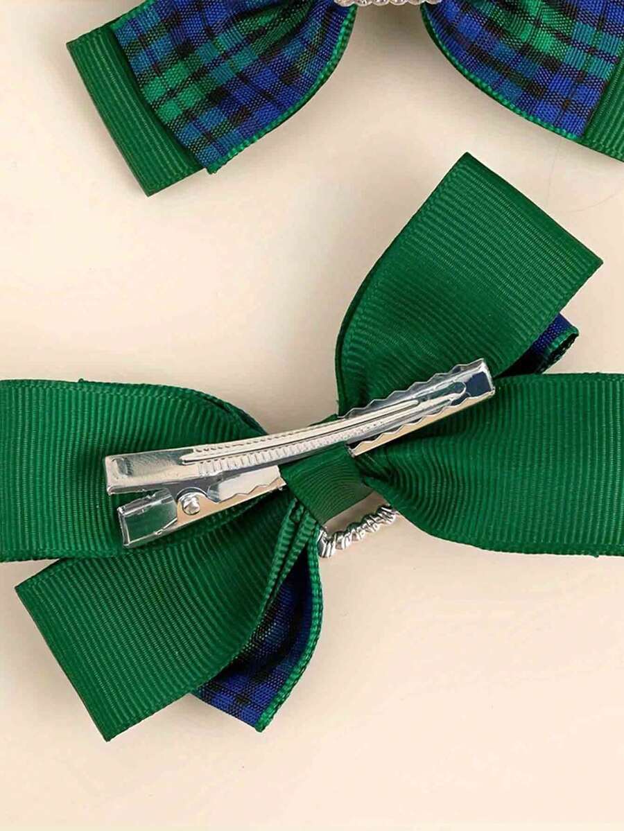 2/8 Pieces Of Elegant Green Plaid Bow Hairpin With Rhinestones, Retro