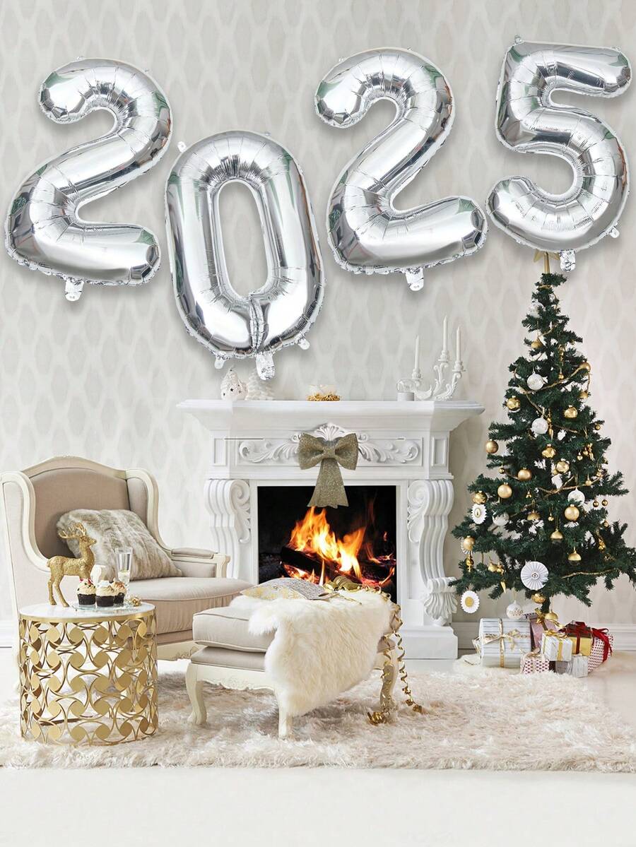 4 件 16 英寸/32 英寸 2025 银色新年快乐数字气球，新年派对装饰，摄影工作室道具及用品，圣诞装饰，适用于除夕派对、周年纪念、毕业装饰 - 銀色 - 查看 1