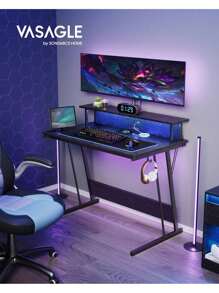 VASAGLE Gaming Desk With LED Lights And Built-In Power Outlets, Computer Desk With Monitor Shelf, Gaming Table For 2 Monitors, Office Desk, For Bedroom, Ebony Black - Black - View 1