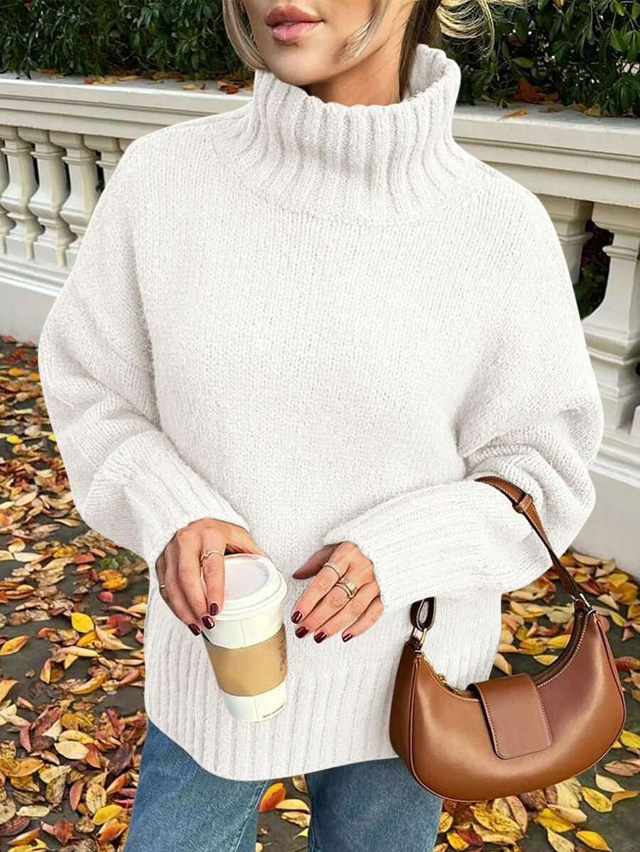 Women's Pullover Loose Sweater Casual Long-Sleeved Coarse Knit Turtleneck Sweater - trắng - Xem 1