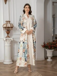 女士长袍，带有花卉复古印花、水钻、珍珠、优雅立领，轻盈奢华，品质适中