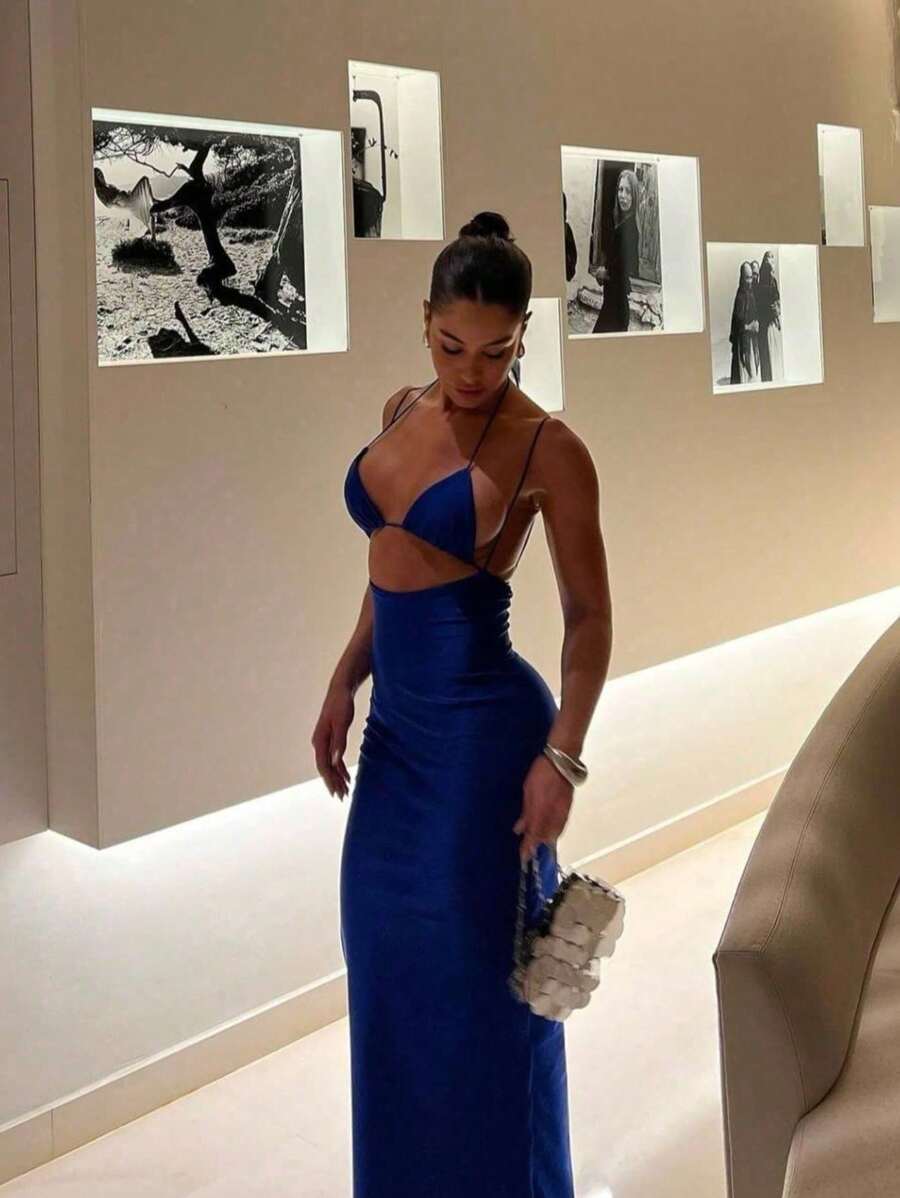 Women's New Long Backless Dress, Tie-Up With Bikini Tie At The Neck, Open At The Front, Suplex Fabric, Casual Promotion 2025 - Xanh đậm - Xem 1