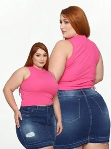 Cropped Plus Size Blouse Ribbed Turtleneck Tank Top - Màu Hồng Tươi - Xem 2