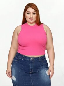 Cropped Plus Size Blouse Ribbed Turtleneck Tank Top - Màu Hồng Tươi - Xem 1