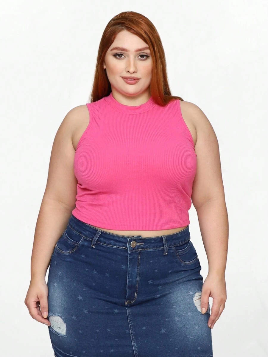 Cropped Plus Size Blouse Ribbed Turtleneck Tank Top - Màu Hồng Tươi - Xem 1