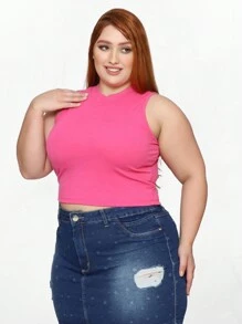 Cropped Plus Size Blouse Ribbed Turtleneck Tank Top - Màu Hồng Tươi - Xem 3