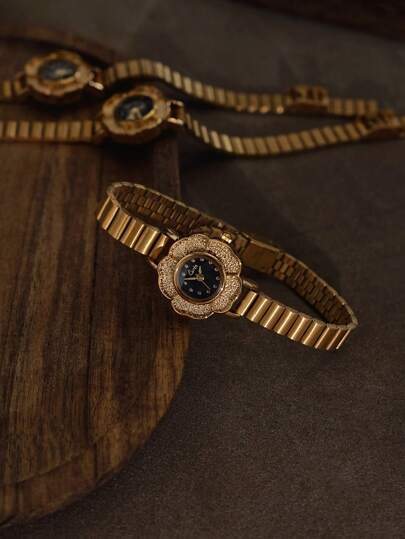 1 件新款复古山茶花花卉金色小表盘女士手表，时尚简约优雅小巧防水女士石英表，配不锈钢表带，适合日常佩戴、正式场合和送礼