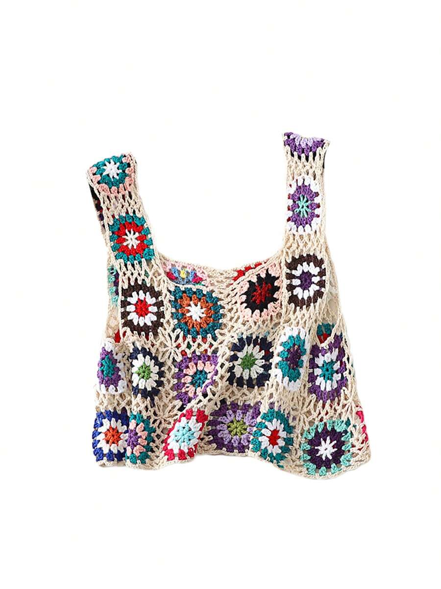 Womens Crochet Tank Top Knit Colorful Floral Embroidery Summer Boho Camisole Hollow Out Top - Màu be - Xem 1