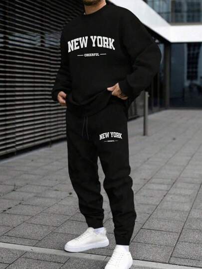 Autumn And Winter Men's Casual Daily Life Soft And Comfortable Versatile Suit, Simple Street Style Font New York Letter Printing, Black Round Neck Pullover Long Sleeve Sweatshirt Narrow Leg Sweatpants Sweatshirt Suit