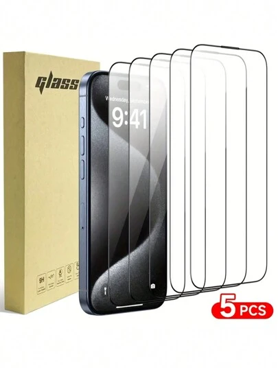 5 片钢化玻璃屏幕保护膜，兼容 X/XS/XR/11/12/13/14Plus/15Pro Max 系列，超清晰，9H 硬度，防刮，防碎，防尘，易于安装，适用于 16ProMax/16/16Pro/16Plus 丝印高清玻璃膜