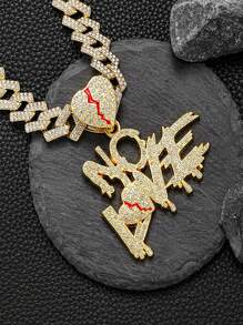 1件畅销心形裂纹“NO LOVE”吊坠，镶满水钻，配链，时尚嘻哈男士礼物