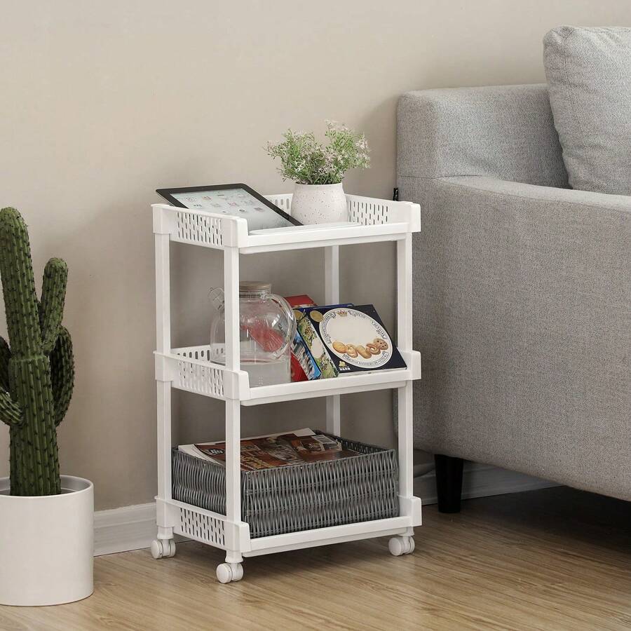 SONGMICS Rolling Trolley Storage Unit With 3 Shelves For Kitchen Bathroom Cellar, White - White - View 1