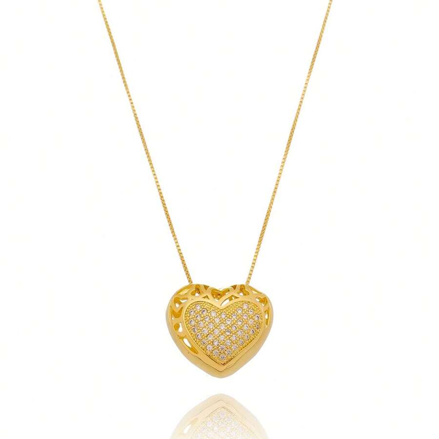 18K GOLD PLATED PENDANT NECKLACE WITH ZIRCONIA STUDDED HEART - 金色 - 查看 1