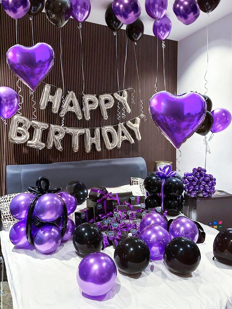 61件組 16英吋銀色 Happy Birthday 字母鋁箔氣球套裝，含黑色與紫色乳膠氣球及愛心鋁箔氣球，生日派對裝飾、派對場景布置、生日派對家庭聚會背景裝飾用品