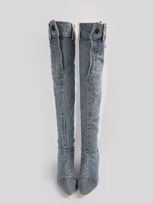 Bốt cổ cao phong cách Hot Girl, bốt cao gót denim cổ điển mỏng, mũi nhọn, mùa thu 2024 - Màu xanh lam - Xem 3