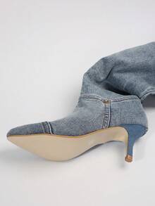 Bốt cổ cao phong cách Hot Girl, bốt cao gót denim cổ điển mỏng, mũi nhọn, mùa thu 2024 - Màu xanh lam - Xem 8