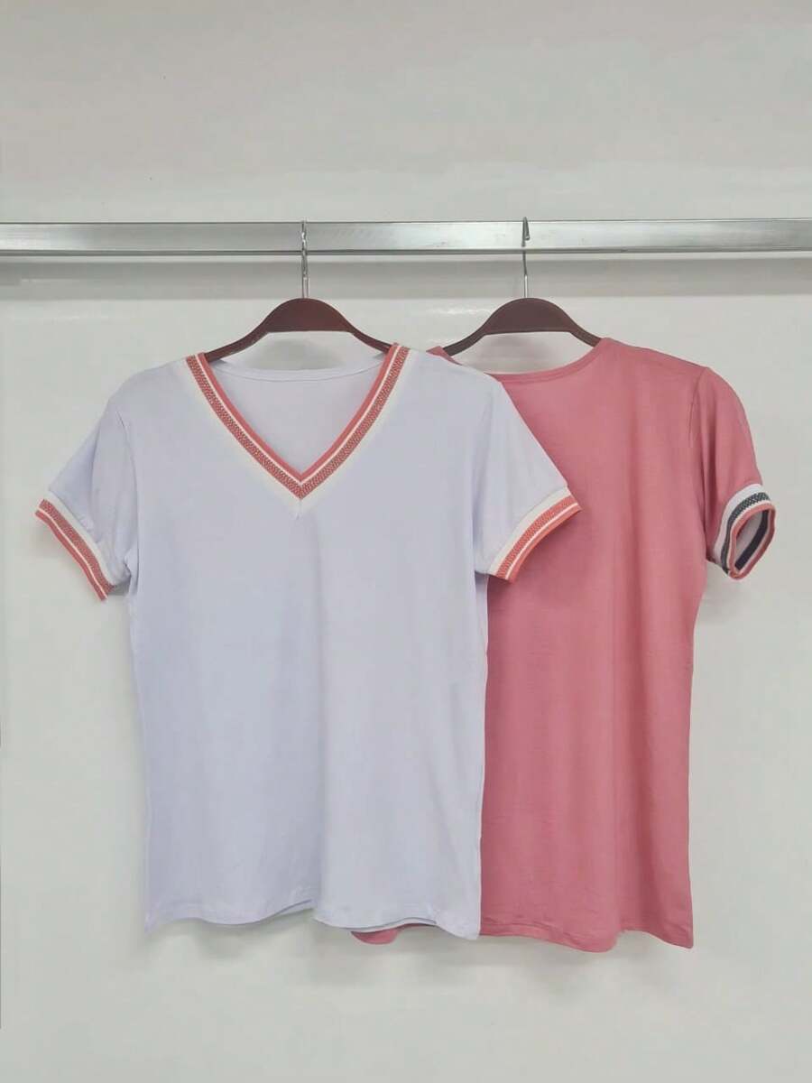 Women's Summer V-Neck T-Shirt - 紅白色 - 查看 1