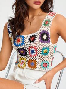Womens Crochet Tank Top Knit Colorful Floral Embroidery Summer Boho Camisole Hollow Out Top - trắng - Xem 10