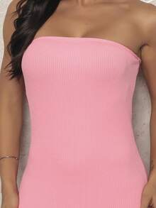 Women's Strapless Midi Dress With Slit - 淺粉色 - 查看 5