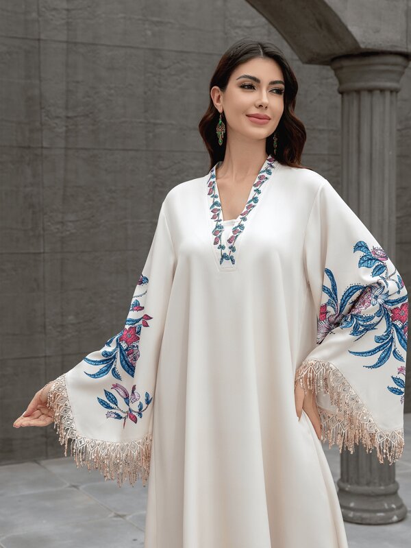 Long Sleeve V-Neck Rhinestone Print Tassel Arab Jalabiya Elegant Long Dress,Modest