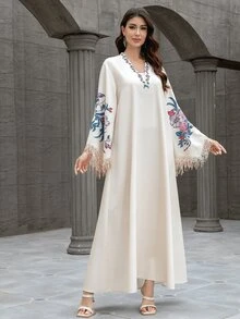 Long Sleeve V-Neck Rhinestone Print Tassel Arab Jalabiya Elegant Long Dress,Modest