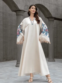 Long Sleeve V-Neck Rhinestone Print Tassel Arab Jalabiya Elegant Long Dress,Modest