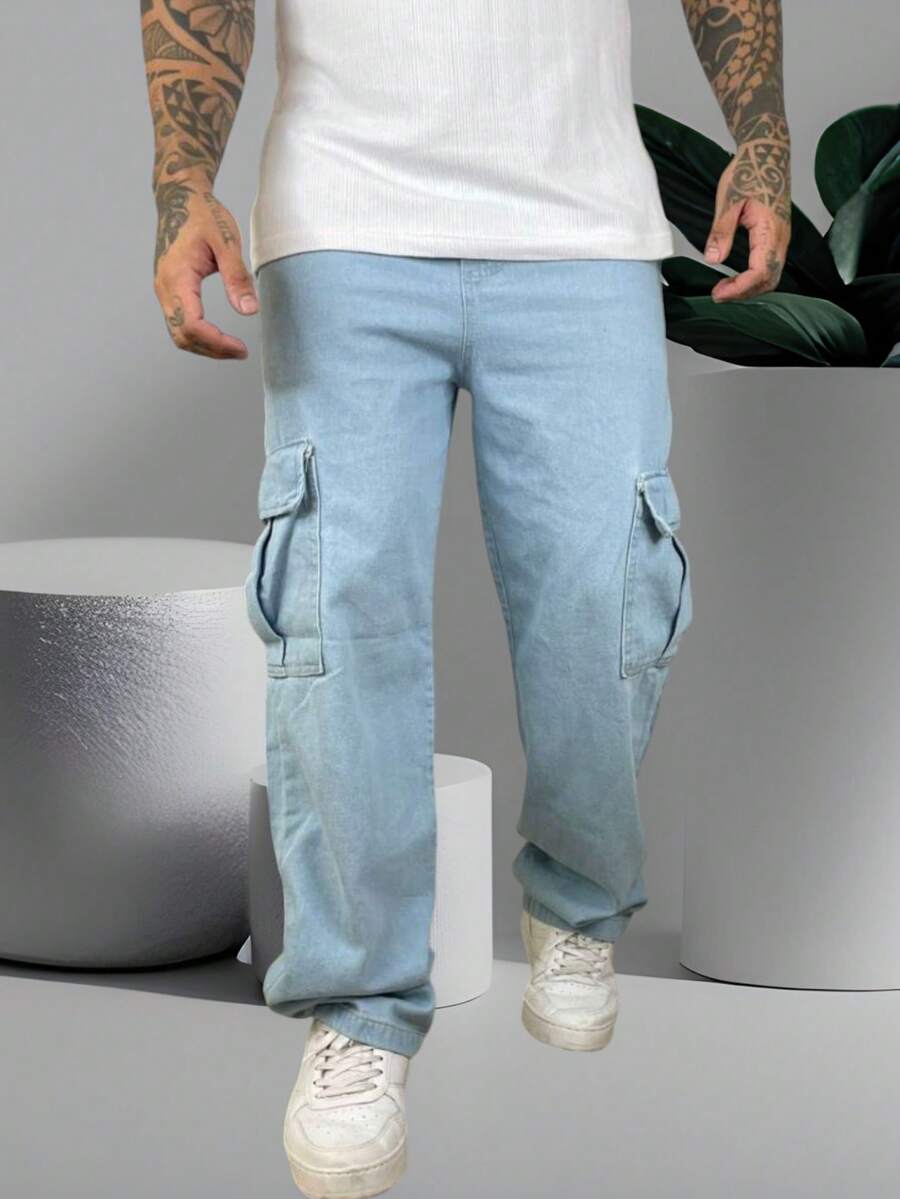 Men's Cargo Pants Baggy Balloon Jeans Straight Cut - 淺色水洗藍 - 查看 1