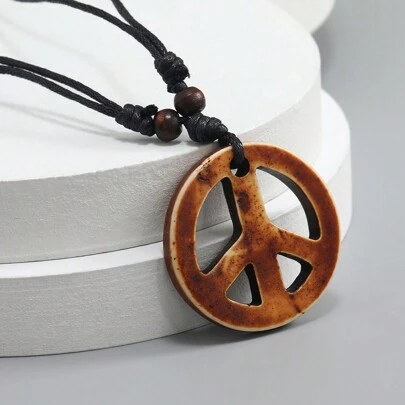 1pc Men Retro Adjustable Acrylic Peace Sign Pendant Necklace Woven Punk Charm Jewelry, Unisex Accessory For Casual/Daily Wear