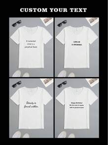 Customized Text Men's Tops, Personalized Printed Funny T-Shirts With Added Text Design, Men's V-Neck Tops, White Tops, Personalized Short Sleeves, Summer Clothing - White - View 3