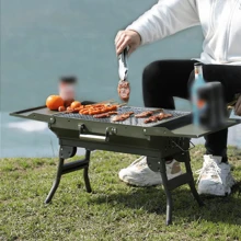 Foldable Portable Charcoal Grill With Portable Handle & Installation-Free Shelves, Barbecue Grill, Small Tabletop BBQ Grill For Outdoor Camping Cooking Travel Party - 軍綠色 - 查看 2