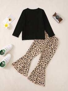 Bộ 2 món/Bộ áo nỉ cổ tròn in hình hoạt hình cho bé gái và quần ống loe họa tiết da báo thời trang, Thu/Đông - màu đen - Xem 2