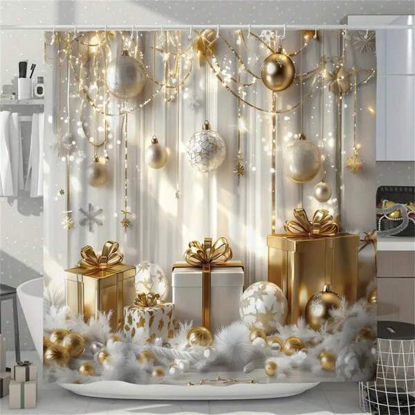 1pc Christmas Winter Shower Curtain Christmas Ball Gift Luxury Golden White Shower Curtain Waterproof Polyester Washable For Xmas Holiday Bathroom Shower Home Decor Ornaments With 12 Hooks Home Bathroom Decor Summer