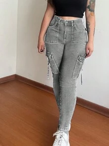 Women's Y2K Casual Skinny Cargo Jeans, Autumn - Light Grey - View 4