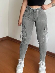 Women's Y2K Casual Skinny Cargo Jeans, Autumn - Light Grey - View 2