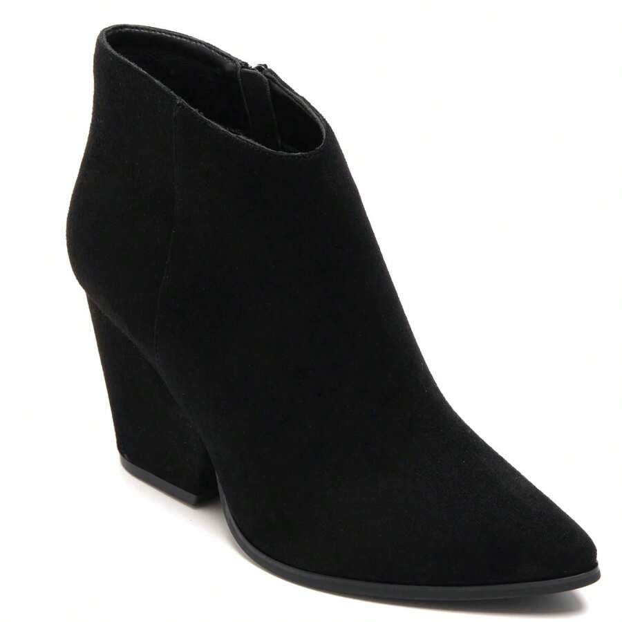 Women's Beige Suede Ankle Boots With Thick Heel And Pointed Toe - Black suede - View 1