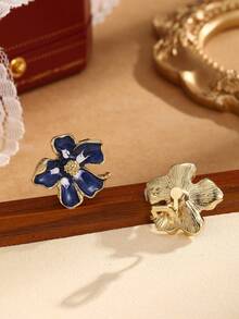 1 对蓝色花朵设计耳环，适合女士，新中式优雅耳夹，无需穿孔，适合通勤、聚会和度假 - 花朵 - 查看 2
