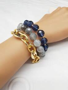 3 件/套复古波西米亚风格糖果色串珠足球串珠手链，弹性可拉伸铝金属男女通用手链，简约设计