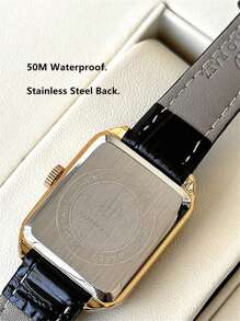 Pablo Raez 1 件女士 18K 镀金不锈钢方形表壳模拟石英手表，白色表盘和黑色皮革表带，50 米防水，优雅，适合日常生活、工作、派对、生日 - 送给女性的绝佳礼物 - 金色 - 查看 3