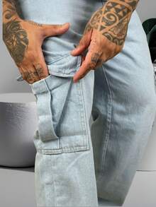 Men's Cargo Pants Baggy Balloon Jeans Straight Cut - 淺色水洗藍 - 查看 2