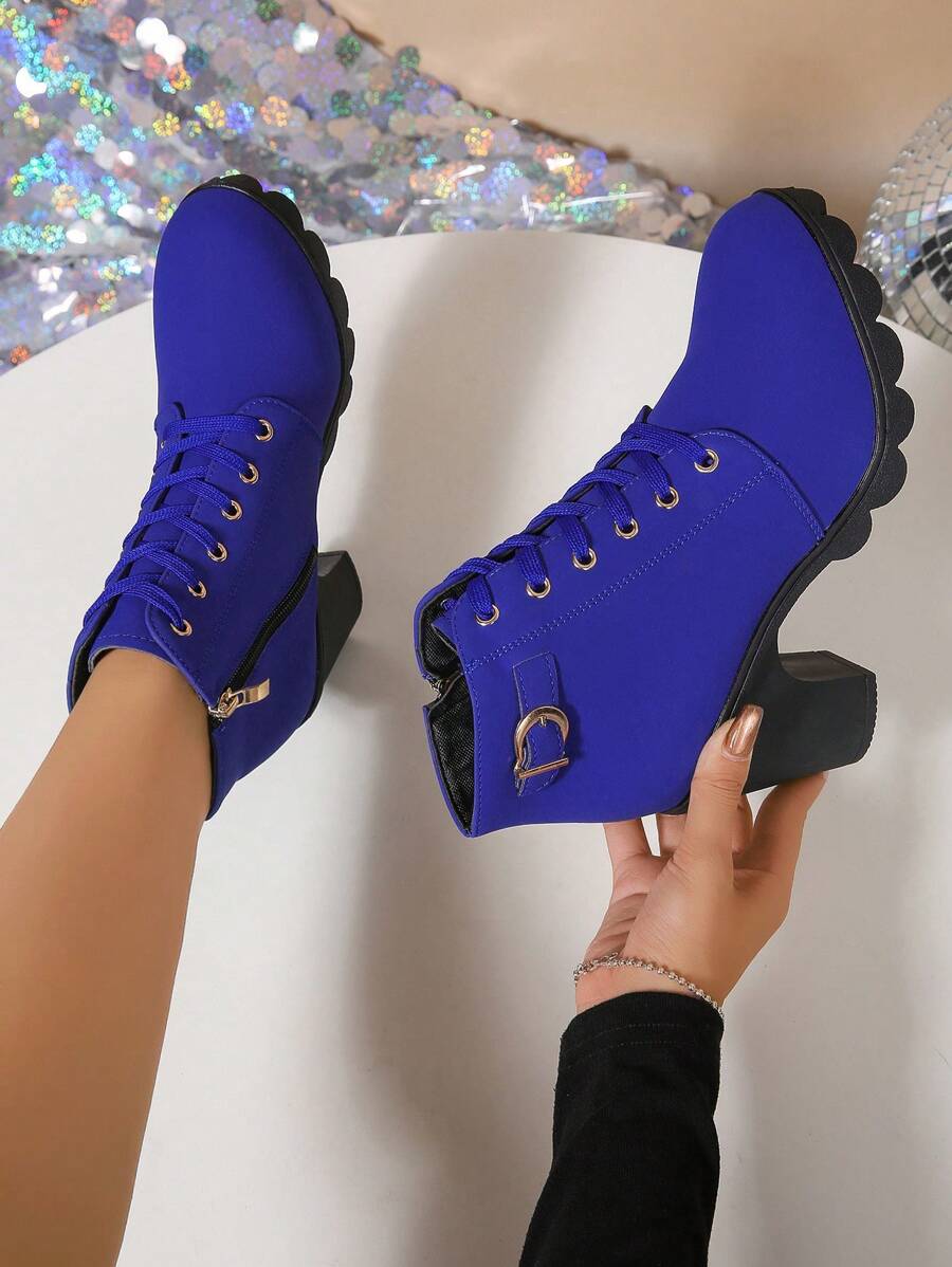 Women's Fashionable High Heel Ankle Boots, Round Toe, Lace-Up, Chunky Heel, Side Zipper, New Style For Winter, Style With Sweater Dress, Boots For Women, Platform Heels For Women - Blue - View 1